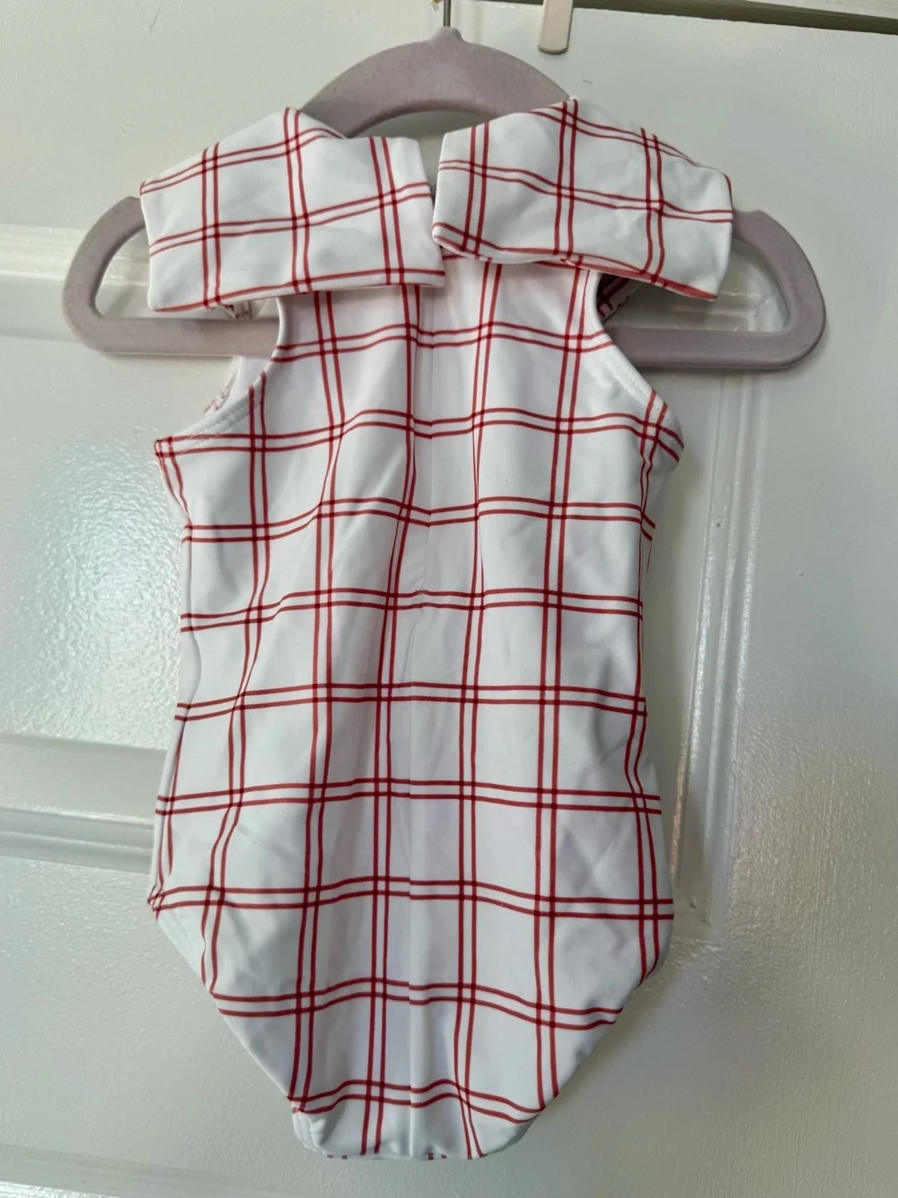 White One-Piece Swimsuit with Red Windowpane Pattern and Bow Collar